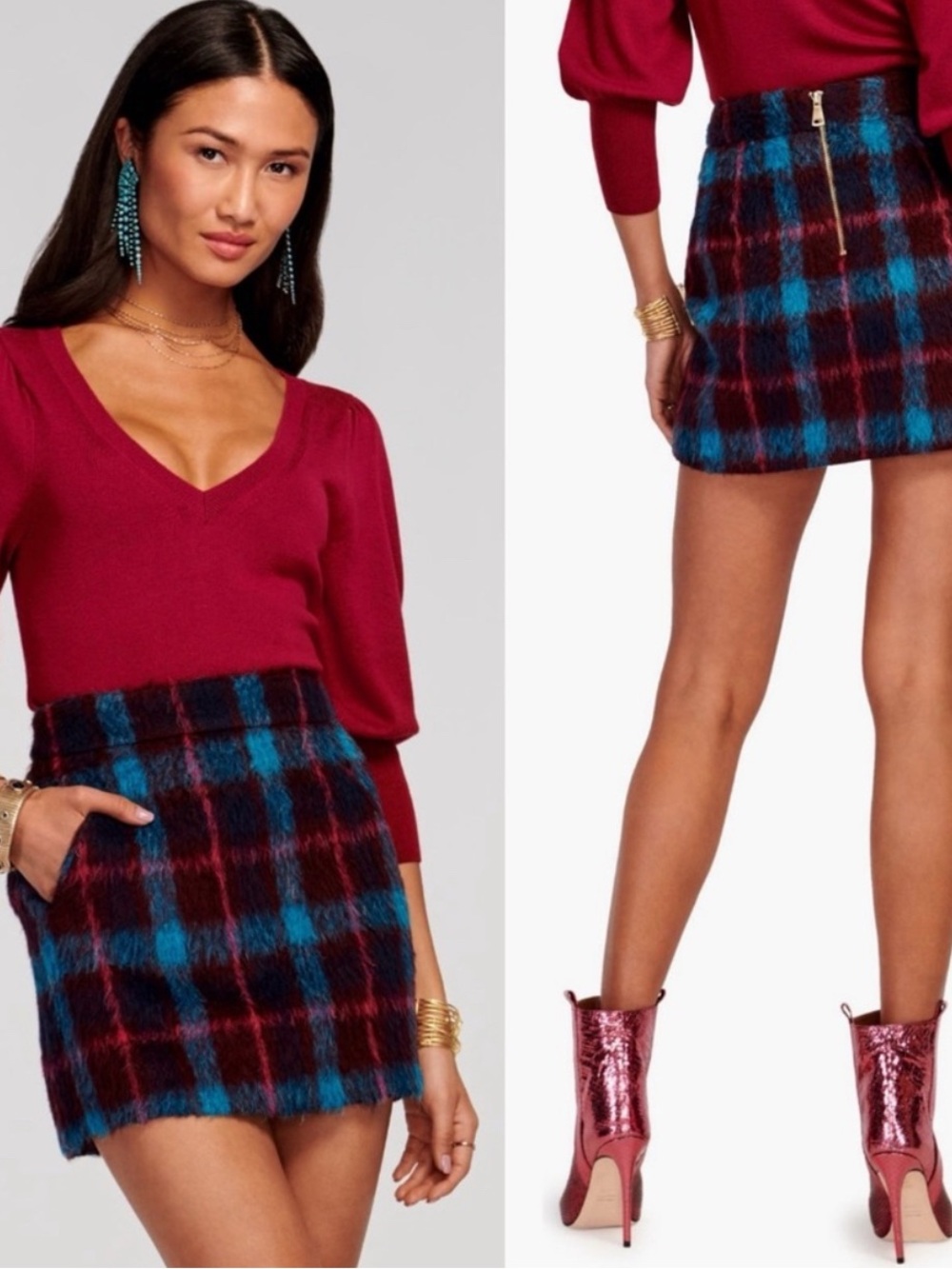 Ramy Brook Cienna Wool Blend Skirt Mini Alpaca Sz 0 Sangria Gemstone Plaid NWOT